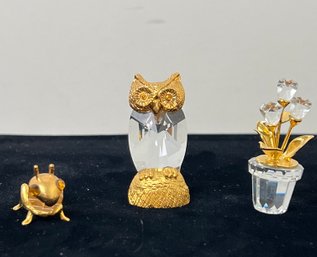 3 Glass/crystal Figurines, Flower, Spooniques Owl And Grasshopper