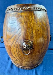 Wood And Leather Drum With Metal Accents.