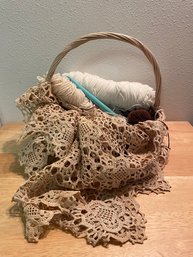 Basket Of Knitting And Vintage Crocheted Item