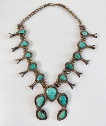 Old Pawn Squash Blossom Silver And Turquoise Necklace