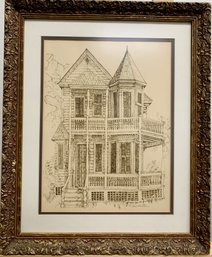Framed And Matted Illustration Of Victorian Home, House Drawing