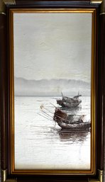 Mid Century Asian Fishing Boats Original Oil On Canvas Painting Framed