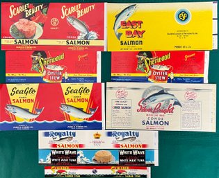 9 Vintage Original Seafood Can Labels.