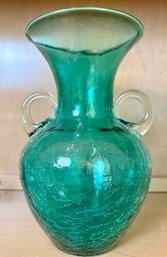 Green Crackle Glass Double Handle Vase