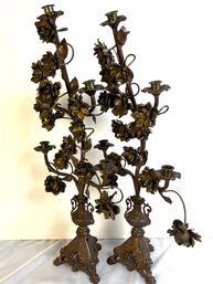 Pair Ornate Metal Floral Vintage 5 Arm Table Top Candelabras