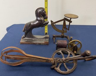 Vintage Egg Beater, Scale, Electric Motor And Bookend.