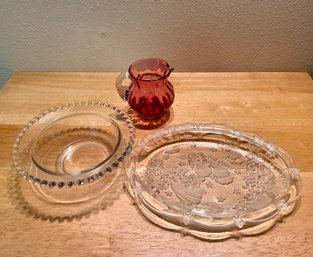 Candlewick Bowl, Etched Angel Platter & Cranberry Glass Pitcher (3)