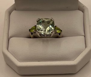 Sterling 925 Ring With Light Blue Stone And Green Side Stones