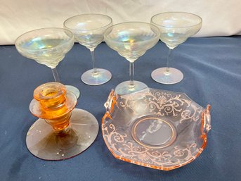 Lot Of 6  Colored Vintage Glass Pieces: Stemware, Bowl, Candlestick
