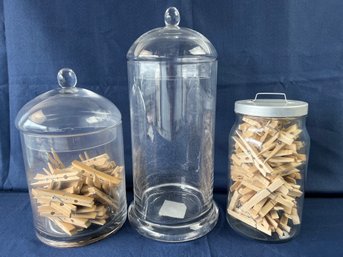 3 Glass Containers 2 With Clothespins.