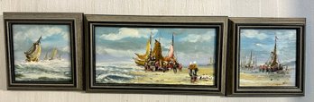 Three Piece Signed Oil Painting Of Ships