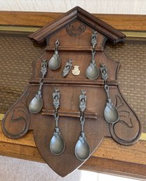 Wooden Spoon Rack With Vintage Spoons & Pin