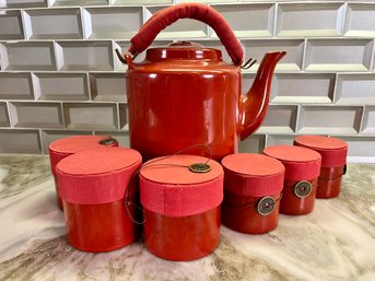Red Chinese Teapot With 6 Small Canisters
