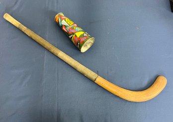 Antique Hockey Stick And Vintage Toy Tin College Megaphone