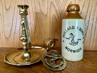 3 Nautical Themed Items Brass Candlestick, Horse Brass, Bottle