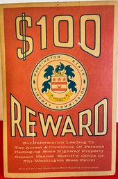 Vintage Washington Reward Sign From Department Of Highways (Cardboard)