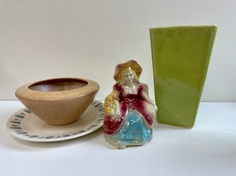Lot Of 3: Vintage USA Pottery Vase, Girl Vase MCM Gravy Bowl