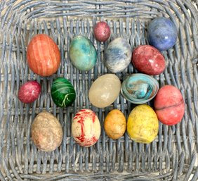 Vintage Basket Full Of Glass And Stone Eggs