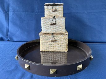 3 Wicker Boxes And A Decorative Plastic Tray.