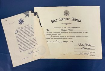 Lot Of 2 WWII Era Volunteer Appreciation Documents Signed Truman