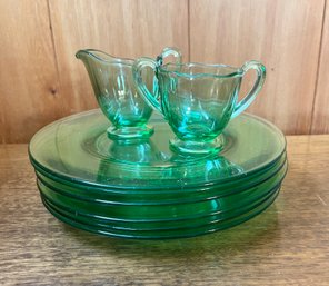 8 Piece Vintage Green Glass Dishes, Creamer  Sugar