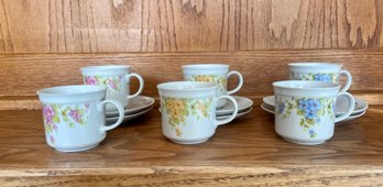 Set Of 6 China Floral Cup & Saucers - Pink, Yellow & Blue