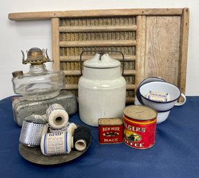 Lot Of Primitive Household Items: Washboard, Crock, String, Tin Cans