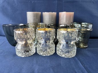 Lot Of 3 Candles, 3 Candleholders And 4 Old Fashioned Glasses.