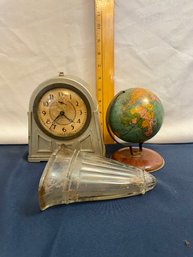 Lot Of 3: Clock, Tin Globe And Glass Wall Pocket