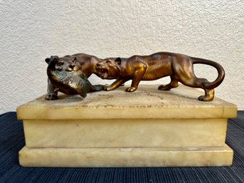 Antique Two Lions And Peacock Metal And Stone Light Up Statue -Local Pick Up