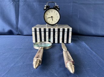 Mother Of Pearl Striped Box, Letter Opener And Magnifying Glass, Alarm Clock.