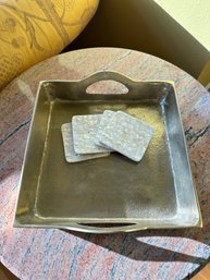 Gold Square Metal Tray W/ 4 Abalone Square Coasters
