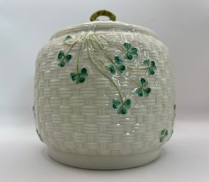 Belleek Shamrock Basket Weave  Biscuit Jar, Green Mark