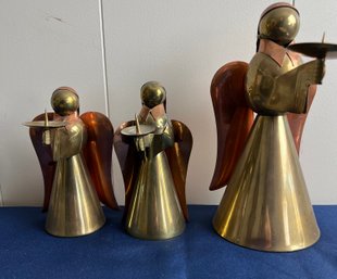 3 Copper And Brass Angel Candleholders.