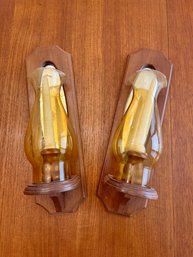 Two Vintage Wood And Glass Candle Holders