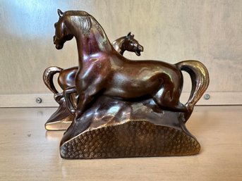 Pair Of Copper Horse Bookends Unmarked