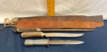 Lot Of 5: Knives And Metal And Leather Sharpeners
