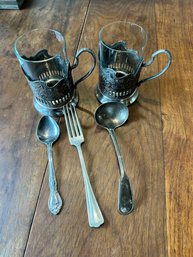 Two Russian Tea Glasses And 3 Pieces Of Silver-plate Flatware