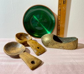 Lot Of 4 Vintage Decor Items ~ Brass Shoe, Wood Spoons Be, Enamel Plate
