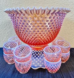 Fenton Art Glass Peach Opalescent Hobnail Punch Bowl Set W/Base And 12 Cups -local Pick Up