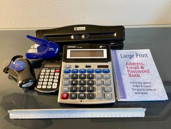 Lot Of 7 Office Items: Calculator, Stapler, Ruler, Address Book Hole Punch