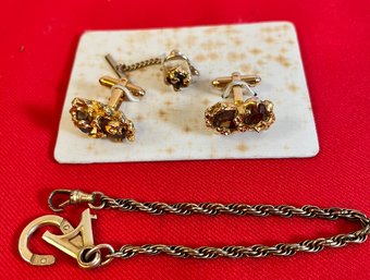 Gold Tone Cufflinks And Tie Clip And 12k Gold Filled Bracelet.