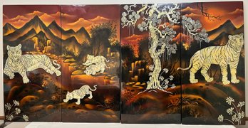 4 Panel Asian Tiger Scene Pearl Inlay And Lacquer. Measures 76x 39 Inches Each Panel Is 39 X 19 Inches