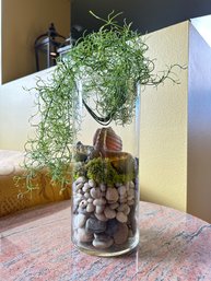 Tall Cylinder Glass Vase With Rocks, Shells And Faux Plant