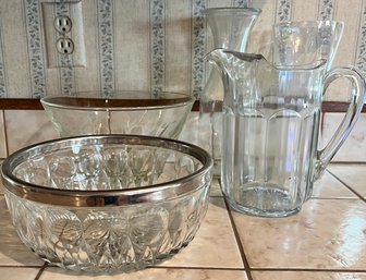 Lot Of 5 Glass Items, Bowls, Decanters, Pitcher.