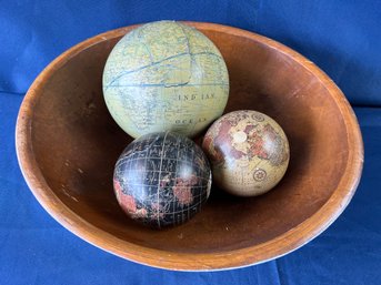 Large Wood Bowl With 3 Globes.