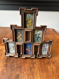 Antique Wood Picture Frame With Small Oil Paintings Of Flowers