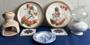 2 Porcelain Candleholders, 2 Tiles, Delft Small Plate, 2 Dutch Maiden Plates.