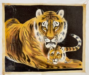 Tiger And Cub On Silk Painting