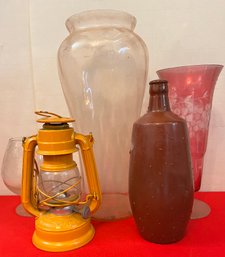Lot Of Vases, Bottle & Old Lamp